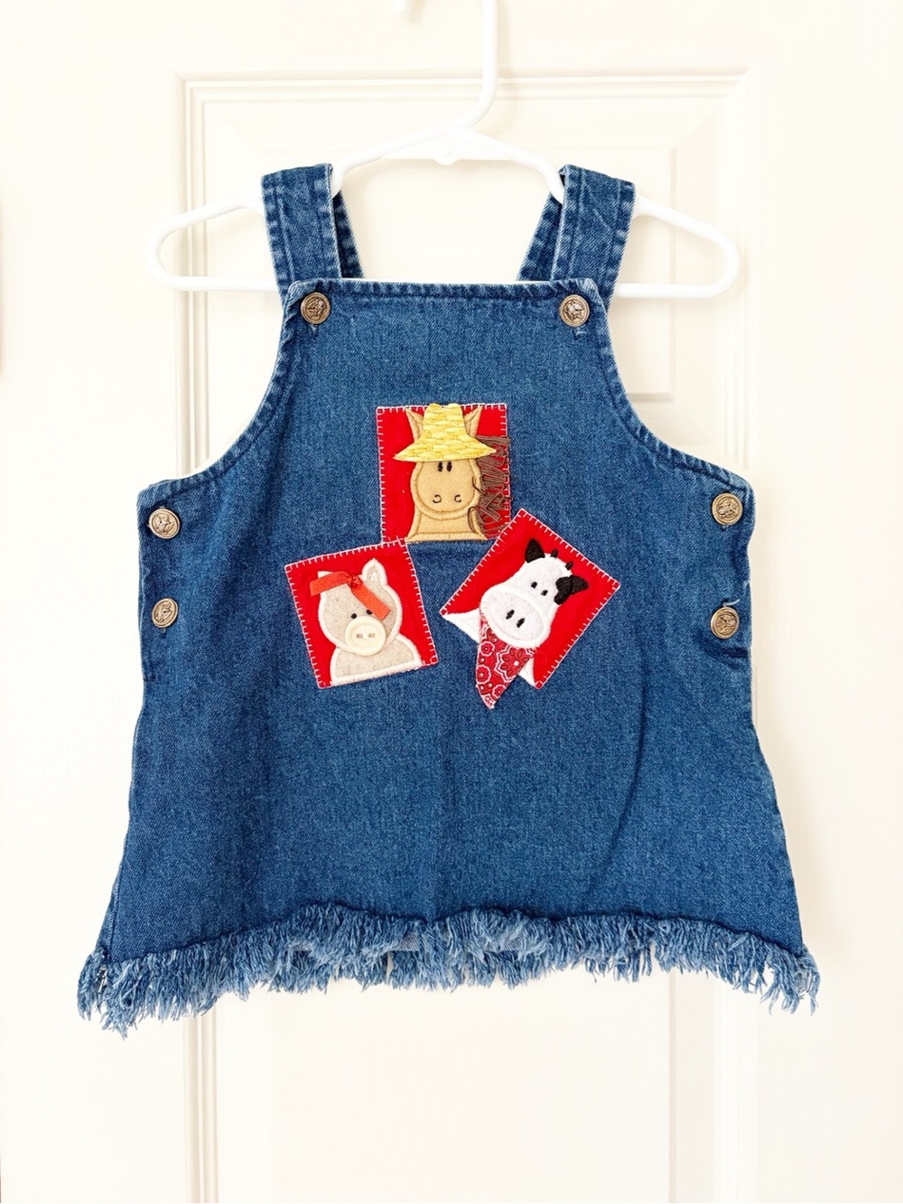 12m • vintage denim farm animals applique jumper denim mini dress pig cow horse